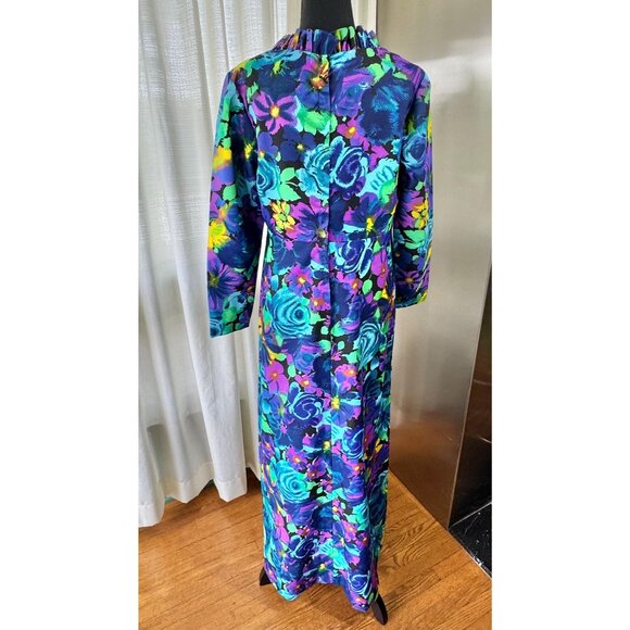 Vintage 70s dress, blue, teal, purple, yellow floral print, funky maxi, ruffled - Picture 7 of 10